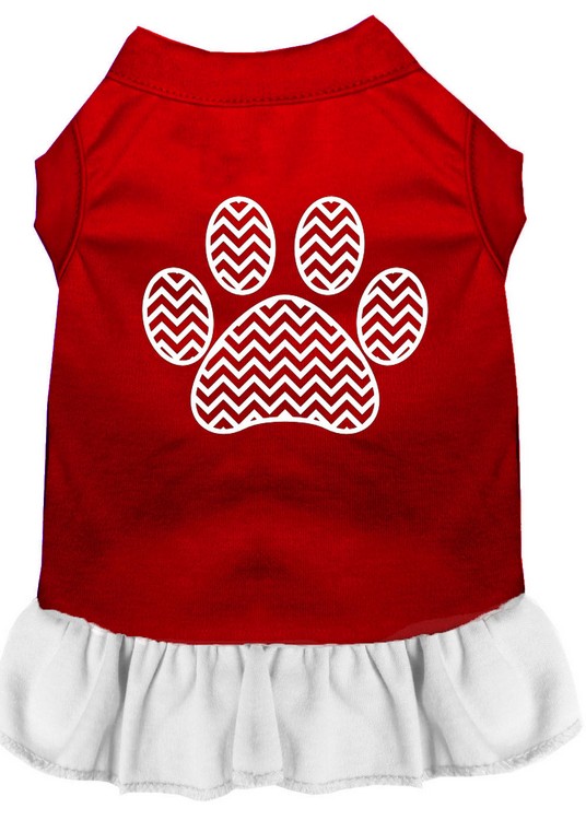 Chevron Paw Screen Print Dress Red with White Lg